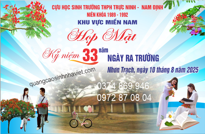 Backdrop họp mặt cựu học sinh Trường THPT Trực Ninh - Nam Định, kỷ niệm 33 năm ngày ra trường tại Nhơn Trạch, Đồng Nai. Phông nền in bạt Hiflex với thiết kế hoài niệm do Quảng Cáo Sinh Nhà Việt thi công