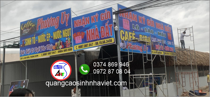 Thi công bảng bạt Hiflex cho quán cafe Phương Uy và dịch vụ nhà đất tại Trảng Bom