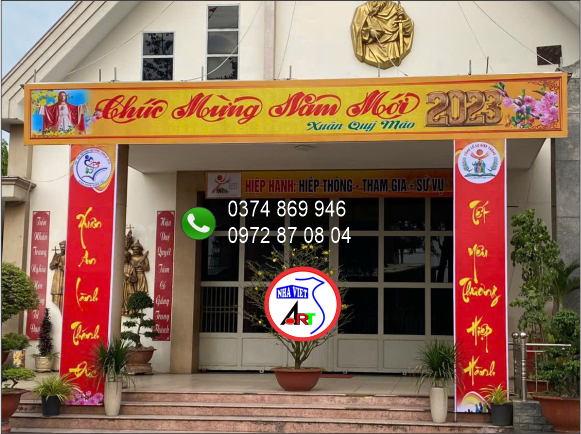 Thi công bảng hiệu bạt hiflex mừng Xuân Quý Mão 2023 tại Giáo xứ Thiên An, Quốc lộ 51, Phước Tân, Đồng Nai