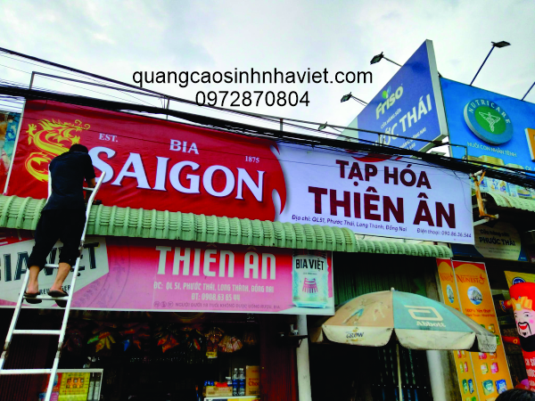 Bảng hiệu bạt Hiflex in ấn chất lượng cao cho Bia Sài Gòn và Tạp Hóa Thiên Ân trên Quốc lộ 51, xã Phước Thái, Long Thành, Đồng Nai.