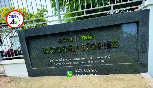 Bảng tên công ty TNHH Wooden Stories nền đá hoa cương chữ nổi inox tại KCN Nhơn Trạch II - Nhơn Phú, Đồng Nai