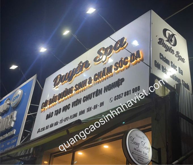 Bảng hiệu alu chữ nổi inox, led âm Duyên spa TẠI Long Bình Tân, Biên Hòa