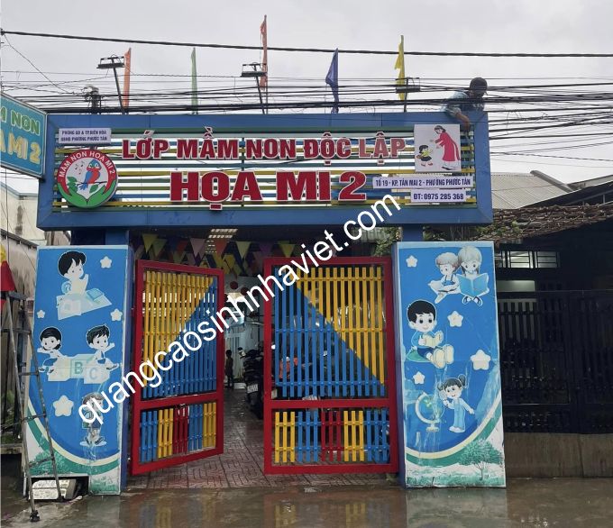 Bảng hiệu nan sắt viền alu, chữ nổi mica led âm cho mầm non họa mi 2, Biên Hòa