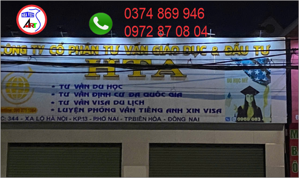 Thi công bảng hiệu alu chữ nổi mica công ty tư vấn du học HTA tại phường Hố Nai – Đồng Nai