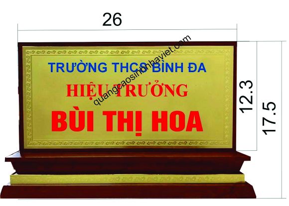 Biển chức danh chân gỗ mặt Inox hiệu trưởng truòng Bình Đa, Biên Hòa