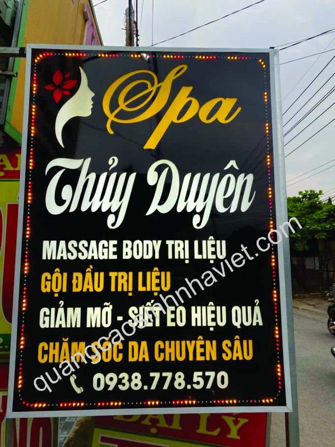 Bảng hiệu hộp đèn alu chữ mica âm tại Spa Thủy Duyên, Biên Hòa – ánh sáng LED viền nhấp nháy nổi bật ngày và đêm