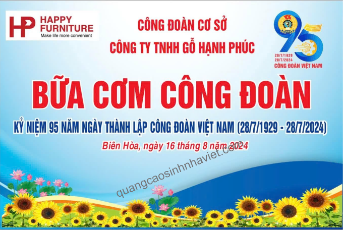 Backdrop Bữa Cơm Công Đoàn kỷ niệm 95 năm thành lập Công đoàn Việt Nam, in trên bạt hiflex.