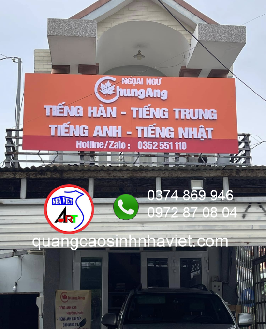 Bảng hiệu Alu chữ nổi trung tâm ngoại ngữ ChungAng tại Trảng Bom, Đồng Nai