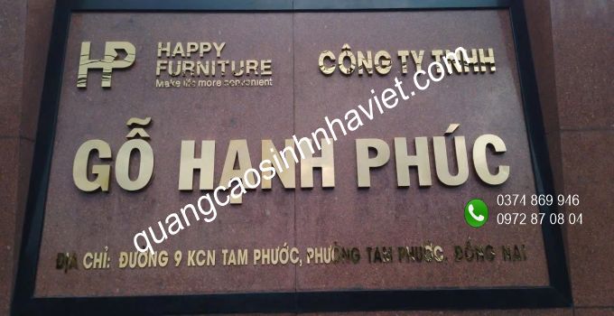 Thi công bảng tên công ty Gỗ Hạnh Phúc, chữ inox vàng, KCN Tam Phước