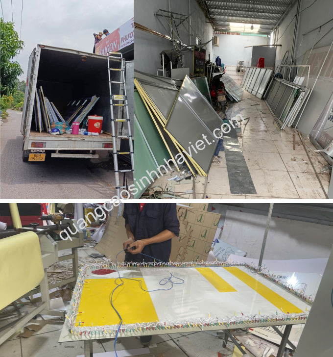 Xưởng sản xuất bảng hiệu quảng cáo và xe vận chuyển thi công của Sinh Nhà Việt tại Long Khánh