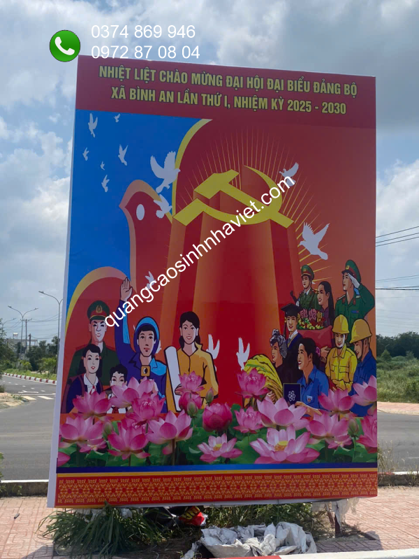 In backdrop khổ lớn chúc mừng Đại hội Đảng bộ Xã Bình An trên khung sắt tại Long Thành, Đồng Nai bởi Quảng Cáo Sinh Nhà Việt.
