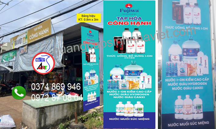 Bảng hiệu nước suối Fujiwa cho Tạp hóa Cộng Hạnh