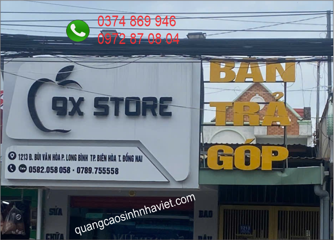 Bảng hiệu alu chữ nổi cửa hàng 9X Store và bảng hiệu bán trả góp tại Phường Long Bình, Biên Hòa, Đồng Nai.