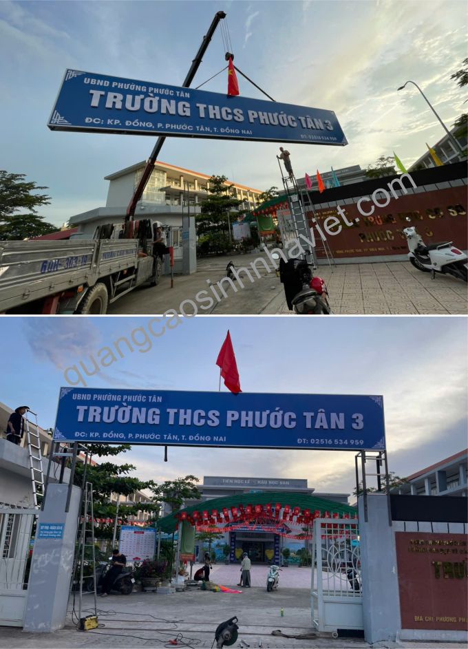 Xe cẩu đang Thi công lắp đặt bảng trường Phước tân 3